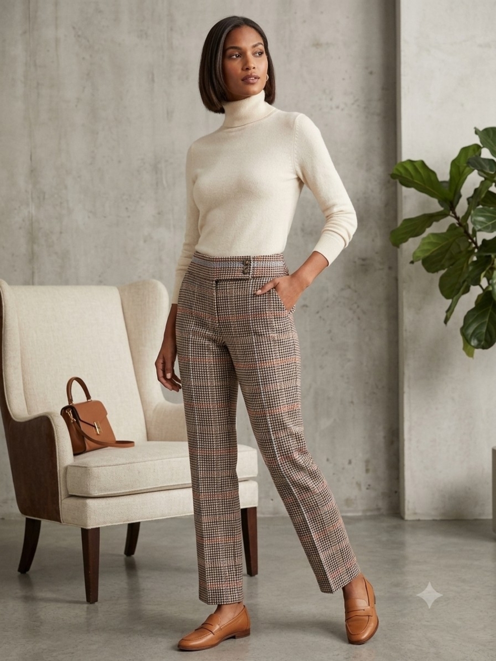 Veronica Beard Brown Plaid Straight-Leg Pants